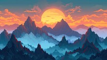 Pixel mountains. Style, fog, clothes, blizzard, equipment, extreme, trail, snow, peak, rocks, height, clouds, rivers, skis, avalanche, air, climber, hike, gorge. Generated by AI