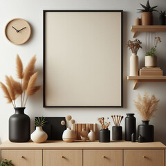 Wall Mural - Black poster frame on wooden shelf in modern living room with white wall and home decor.