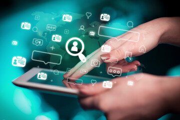 Aufkleber - Close-up of a hand using tablet, social media concept