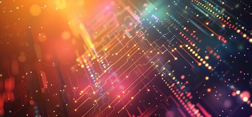 Poster - Futuristic abstract background of glowing circuit lines and technology elements in warm tones.