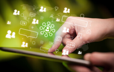 Aufkleber - Close-up of a hand using tablet, social media concept