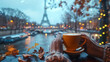 Close-up of a female hand holding a cup of coffee and an Eiffel Tower is in the background, first-person photo, blurred background, travel image with well known destination