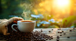 A cup of black coffee with hot vapors rising and a bag with coffee beans scattered on a wooden table. Morning nature background.
