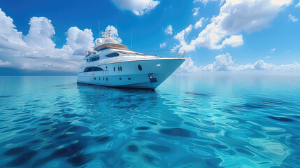 Sticker - White yacht in sea on a blue background. Generative AI.