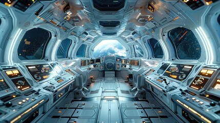 Wall Mural - A spaceship cockpit, showcasing a high-tech, modern, futuristic design. Generative AI.