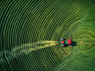 Poster - Aerial View of Tractor Harvesting in Green Fields An aerial shot capturing the patterned beauty of lush green fields with a tractor actively harvesting under the golden sunlight.

