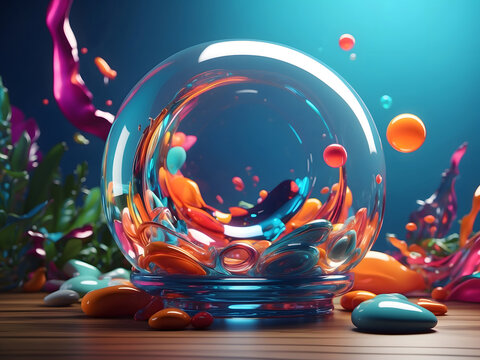 Mockup in glass morphism style with comment bubbles and colourful shapes on a blue background with 3D render designs.
