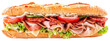 Italian sub sandwich with salami, pepperoni, ham, provolone cheese, lettuce, tomato, onion, and Italian dressing on a baguette, isolated on a transparent background