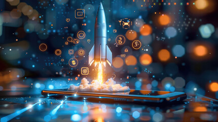 Aufkleber - Social media symbols fly everywhere as a rocket shoots from a smartphone. Generative AI.