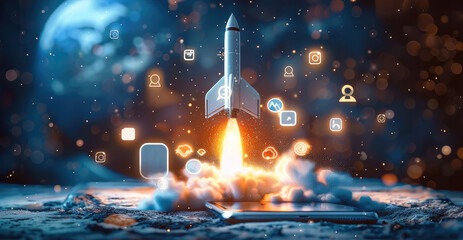 Aufkleber - Social media symbols fly everywhere as a rocket shoots from a smartphone. Generative AI.