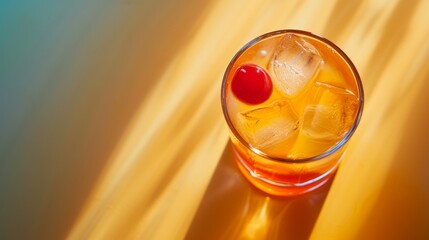 Wall Mural - Glassware with refreshing citrus fruits cocktail with ice on orange background top view