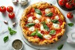 Italian Pizza with tomato, melted mozzarella and basil on marble background. Realistic pizza, icon, detailed for promo flyer restaurant, menu, advert or package