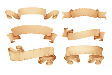Wall Mural - set parchment paper scroll ribbon, old vintage banner game ui element isolated on white background.