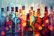 Vibrant alcohol bottles with colorful bokeh, suitable for festive celebration concepts, with copy space for text