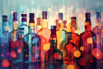 Poster - Vibrant alcohol bottles with colorful bokeh, suitable for festive celebration concepts, with copy space for text