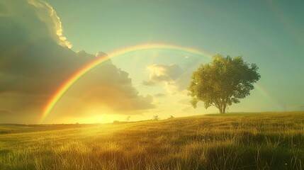  
rainbow illuminates a countryside landscape with a tree
