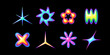 Y2K 3D gradient shapes set: stars, flowers, spark, vibrant abstract figures with neon glow for design, posters. Glossy, retro-futuristic 2000s elements