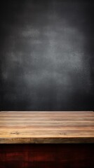 Poster - An empty brown wooden countertop against a dark gray concrete grunge wall. Vertical Luxury Template, Layout, showcase, platform for demonstration, Presentation of goods.
