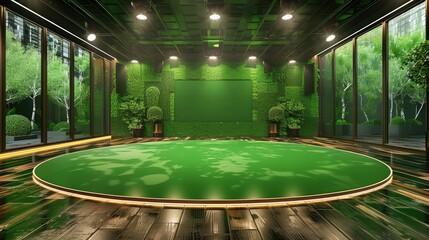 Professional TV channel studio design ideas against green screen background. Generative AI.