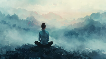 Poster - Woman meditating in lotus position on a mountain peak with serene misty landscape backdrop, suitable for wellness and mindfulness themes with copy space