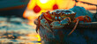 Crabs lying in boat in background sunset bokeh and glare catching crabs. Generated AI.