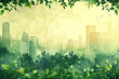 Misty urban skyline with fresh green foliage and space for text - environmentally friendly city concept background