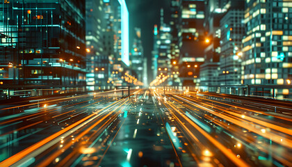 Aufkleber - modern and majestic city views, Reflective Urban Night Scenes with futuristic Speed ​​of Light