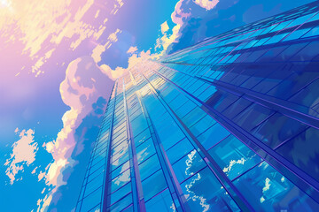 Wall Mural - Upward view of a modern skyscraper with reflective glass facade against a vibrant sky with clouds, ideal for backgrounds with copy space