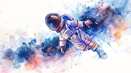 Wall Mural - colorful watercolor illustration of an astronaut in space with a cosmic background, suitable for sci