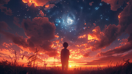 Wall Mural - silhouetted person standing in grass watching a dramatic sunset that transitions into a starry galax