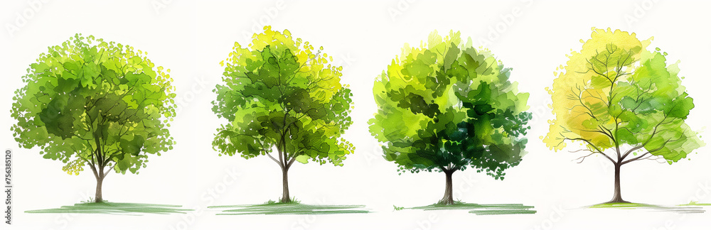 Four stylized watercolor trees in varying shades of green, representing ...