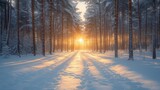 Fototapeta  - The sun shines through the snow covered trees in the forest