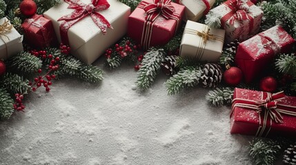 Poster - Christmas presents and decorations on snow background