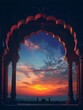 Indian arch silhouette in old temple at dramatic dark blue sunset sky background. Free space for text - generative ai