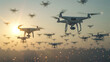 Swarm of drones against a sunset, signaling a high-tech surveillance or delivery system.
