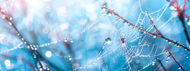 Close-up of a spiderweb glistening with dewdrops against a soft blue background