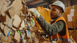 © VK Studio - Worker inspecting cardboard at recycling plant with diligence.