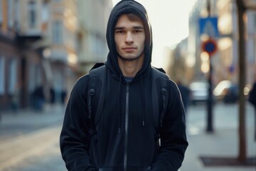 Wall Mural - young man is wearing a black sweatshirt and jacket