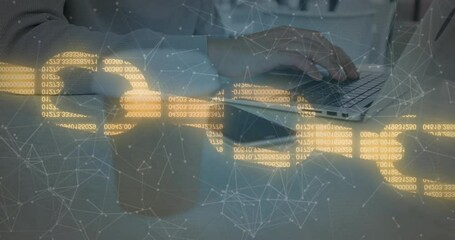Poster - Animation of network of connections with chain over caucasian man using laptop