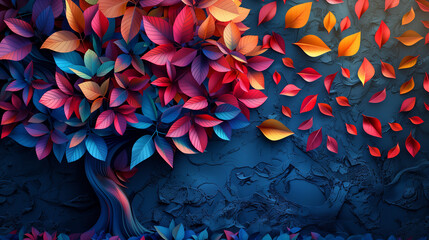 Canvas Print - Vibrant multicolored paper leaves on dark blue textured background with space for text, ideal for autumnal graphics or seasonal designs