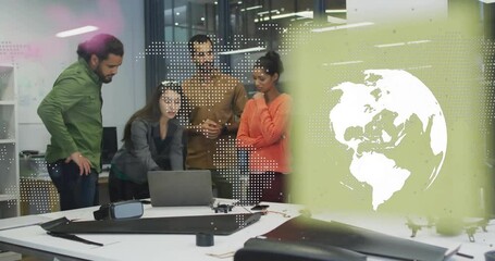 Poster - Animation of world map and globe over diverse colleagues discussing work in office