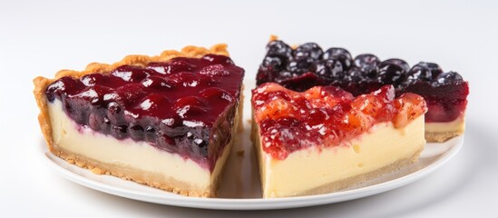 Poster - Two slices of berry cheesecake sit on a white plate, showcasing a delicious dessert made with a blend of ingredients like cranberry sauce and baked goods