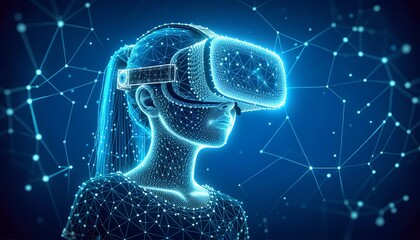 Wall Mural - polygonal young girl wearing a VR headset,  connected glowing dots