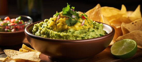 Wall Mural - A staple food in Mexican cuisine, guacamole is made of avocados, tomatoes, onions, and lime juice. Served with tortilla chips on a table