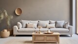 Fototapeta  - Modern minimalist living room interior design with sofa, coffee table, rug, and plant