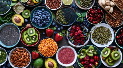 Wall Mural - A curated selection of healthy foods, featuring a colorful array of superfoods, fruits, berries, nuts, and seeds, promoting a nutritious lifestyle.