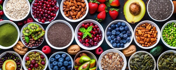  A curated selection of healthy foods, featuring a colorful array of superfoods, fruits, berries, nuts, and seeds, promoting a nutritious lifestyle.