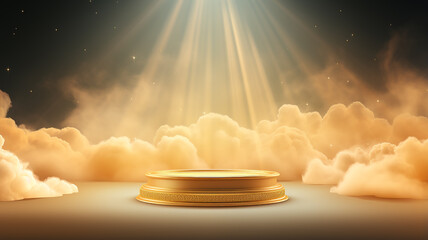 Wall Mural - golden round podium with light clouds, a stage for a new product with an empty copy space
