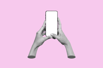 Mobile phone with white screen in female hands isolated on a pink background. Blank with an empty copy space. Mockup of a smartphone. 3d creative trendy collage. Contemporary art. Modern design