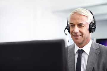 Poster - Call center, customer service and man in office with headset working on online telemarketing consultation. Career, ecommerce and male consultant or agent with crm service communication in workplace.